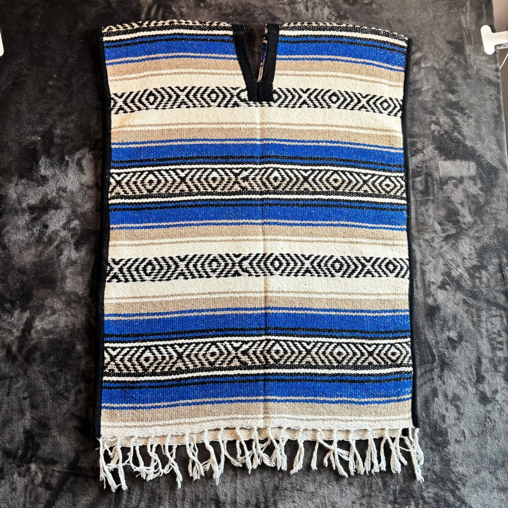 JMR Textiles Poncho XL Blue Tribal Serape Stripe Fringe Mexico Festival Hippie